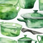 Modern watercolor illustration of glass cookware, highlighting pros and cons of glass cookware with pristine and cracked items in green theme.