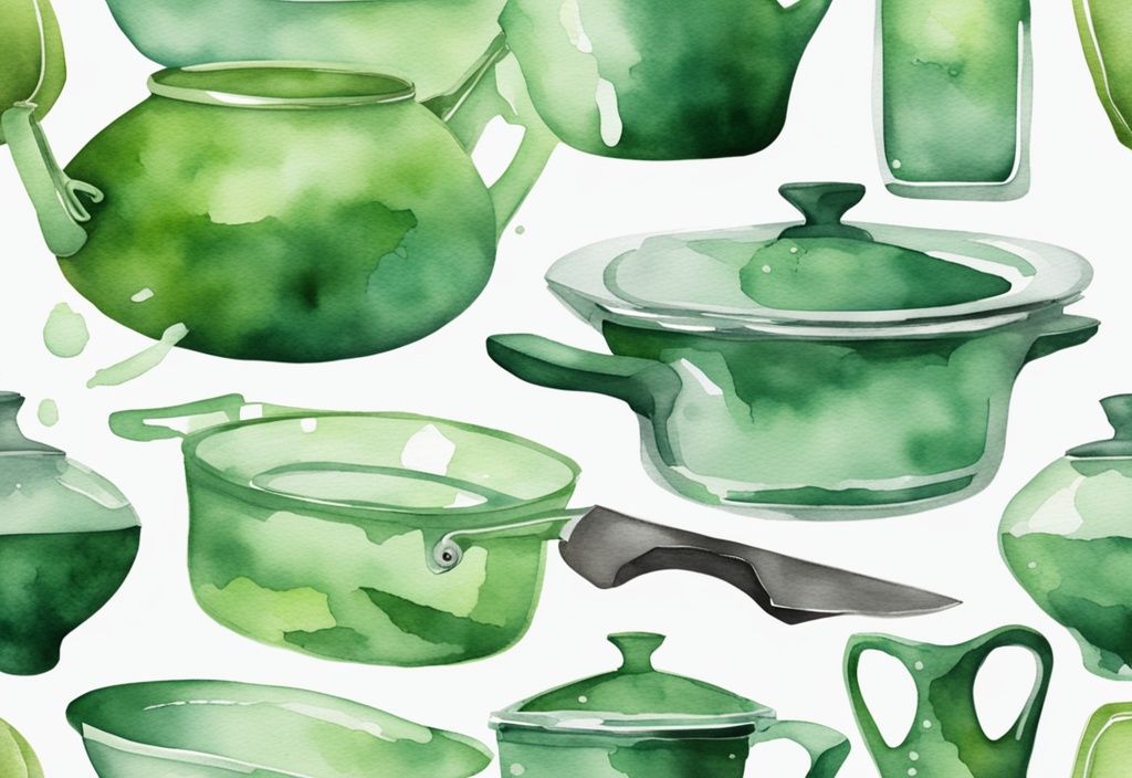 Modern watercolor illustration of glass cookware, highlighting pros and cons of glass cookware with pristine and cracked items in green theme.