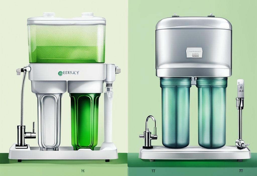 Modern watercolor illustration comparing Berkey water filter and reverse osmosis system, highlighting key features and differences in green color theme.