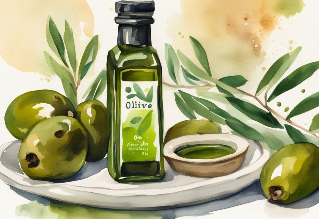 Modern watercolor illustration of Bona Furtuna olive oil bottle with a dish of oil and review rating, highlighting Bona Furtuna olive oil review.