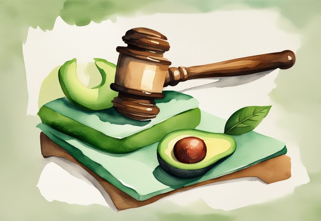 Modern watercolor illustration of a gavel hitting an avocado-printed mattress, symbolizing the Avocado mattress lawsuit.