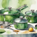 Modern watercolor illustration contrasting the pros and cons of stainless steel cookware, showcasing a shiny new set on one side and the same set aged with wear and tear on the other, emphasizing newness versus character.