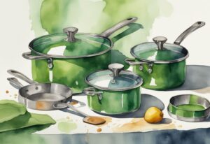 Modern watercolor illustration contrasting the pros and cons of stainless steel cookware, showcasing a shiny new set on one side and the same set aged with wear and tear on the other, emphasizing newness versus character.