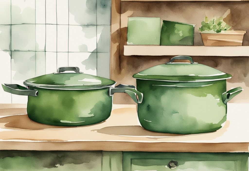 Modern watercolor illustration of Caraway and Always Pan, highlighting design differences; rustic vs. modern settings, green theme.