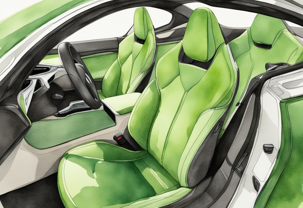 Modern watercolor illustration of Tesla Vegan Leather Interior in green, showcasing luxurious and eco-friendly material texture and quality.