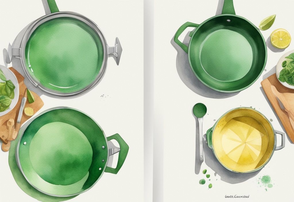 Modern watercolor illustration comparing HexClad and All-Clad pans in green theme, highlighting key features and differences.