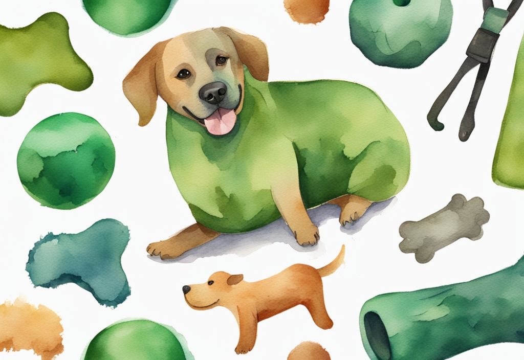 Modern watercolor illustration of homemade durable dog toys with large breed dog chewing, green color theme.