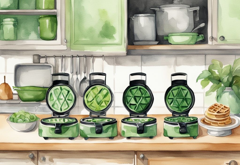 Modern watercolor illustration of the best 5 non-toxic waffle makers with green check marks on a kitchen countertop.