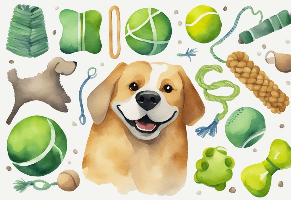 Modern watercolor illustration of DIY dog toys for power chewers, showcasing a playful dog chewing on durable homemade toys made from ropes, tennis balls, and rubber, with a green color theme.