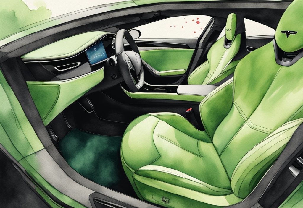 Modern watercolor illustration of green-themed Tesla car interior showcasing plush vegan leather seats with intricate stitching.