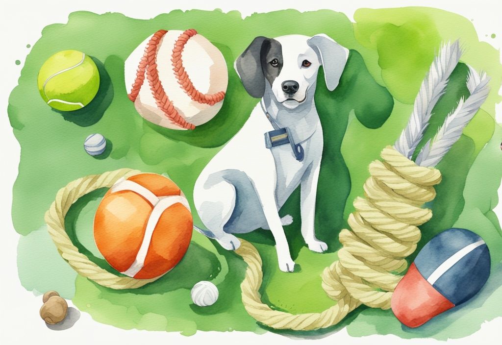 Modern watercolor illustration of DIY dog toys for power chewers, featuring green-themed durable materials like ropes, tennis balls, and rubber, with a playful dog actively chewing on one.