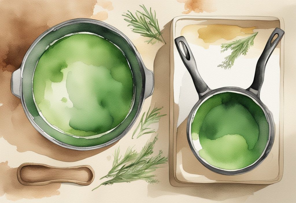 Modern watercolor illustration of green-themed Caraway and Always Pan; Caraway in rustic setting, Always Pan in modern design, highlighting unique features and design differences.