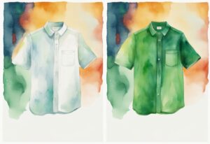 Modern watercolor illustration comparing a white, bleached shirt and a colorful, unbleached shirt, highlighting the theme "to bleach or not to bleach.