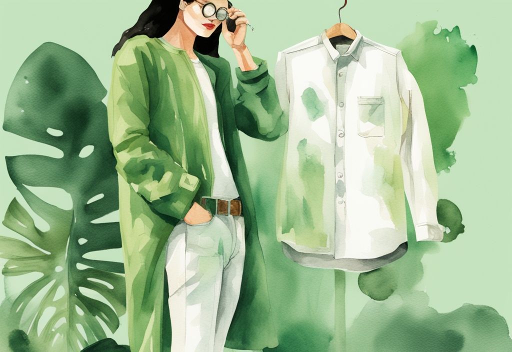 Modern watercolor illustration of a person in stylish PAKA Apparel with a magnifying glass symbolizing clothing review, green color theme.