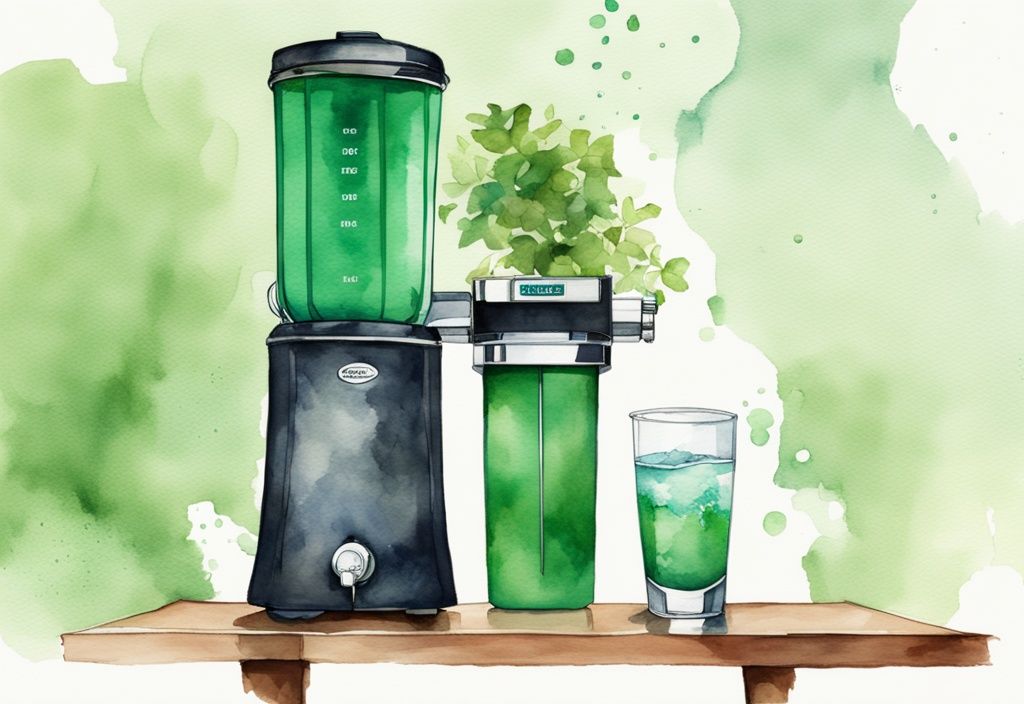 Modern watercolor illustration of Berkey vs reverse osmosis systems with green theme, showing clear water flowing into glasses.