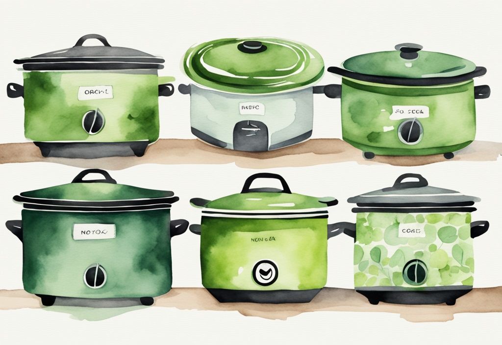 Modern watercolor illustration featuring 5 best non-toxic crock pots in green theme, showcasing unique designs and colors.