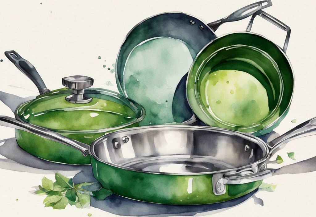 Modern watercolor illustration of green-themed split image showing new stainless steel cookware set versus worn set, highlighting newness and age contrast.