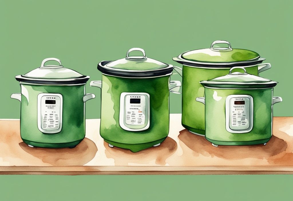 Modern watercolor illustration of five non-toxic crock pots in green theme, arranged aesthetically.