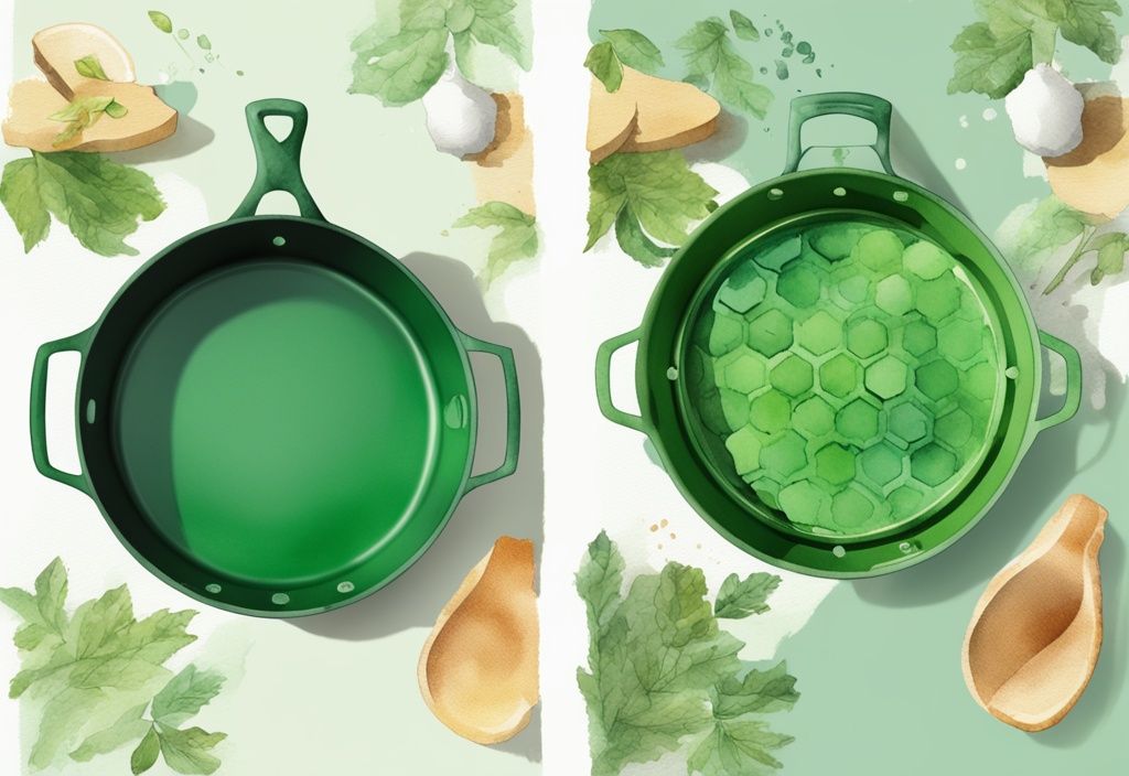 Modern watercolor illustration comparing HexClad and AllClad pans with highlighted features, green color theme.