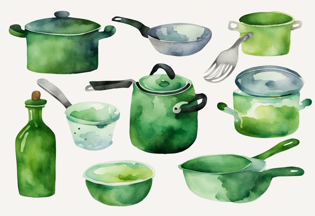 Modern watercolor illustration of green-themed glass cookware, showcasing both perfect and damaged items to highlight pros and cons.