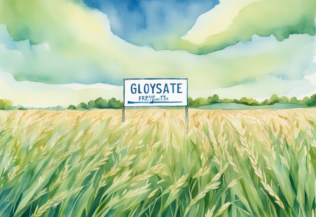 Modern watercolor illustration of a green field of glyphosate-free oats under a clear blue sky with a sign in the foreground.