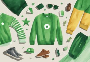 Modern watercolor illustration featuring PAKA Apparel clothing items with a person wearing a PAKA sweater and a five-star rating symbol, highlighting a PAKA Apparel Review.