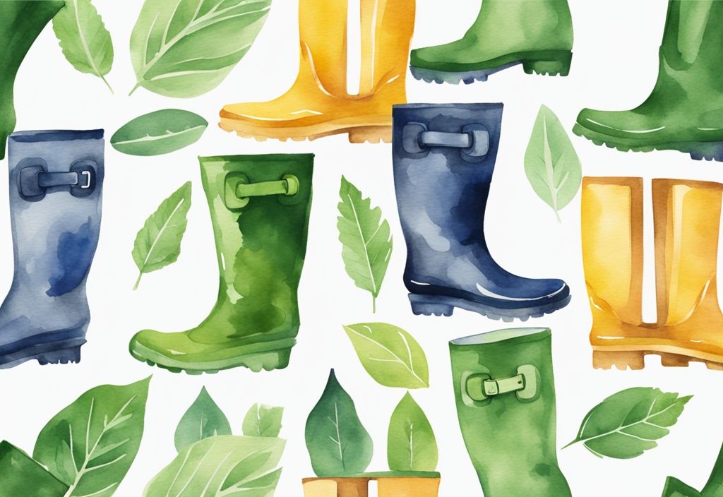 Modern watercolor illustration of best non-toxic rain boots in a semi-circle on white background, featuring green leaf symbols for eco-friendly design.