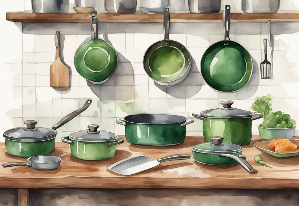 Modern watercolor illustration of green-themed carbon steel cookware on wooden countertop with chef demonstrating safe usage.