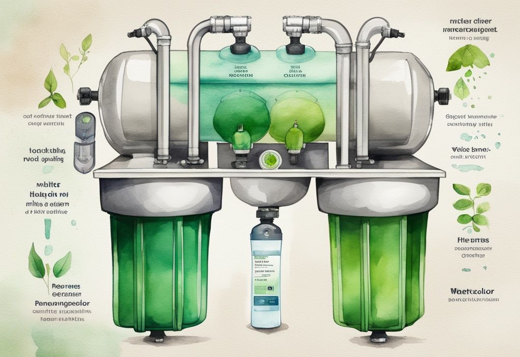 Modern watercolor illustration comparing reverse osmosis system and Berkey water filter, highlighting features and differences, green color theme.