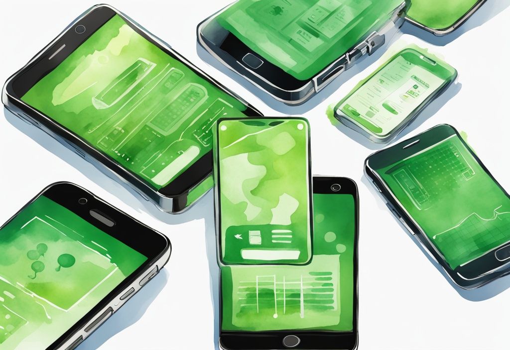 Modern green watercolor illustration showcasing best low radiation cell phones 2024 with sleek designs and informative infographics on radiation levels.