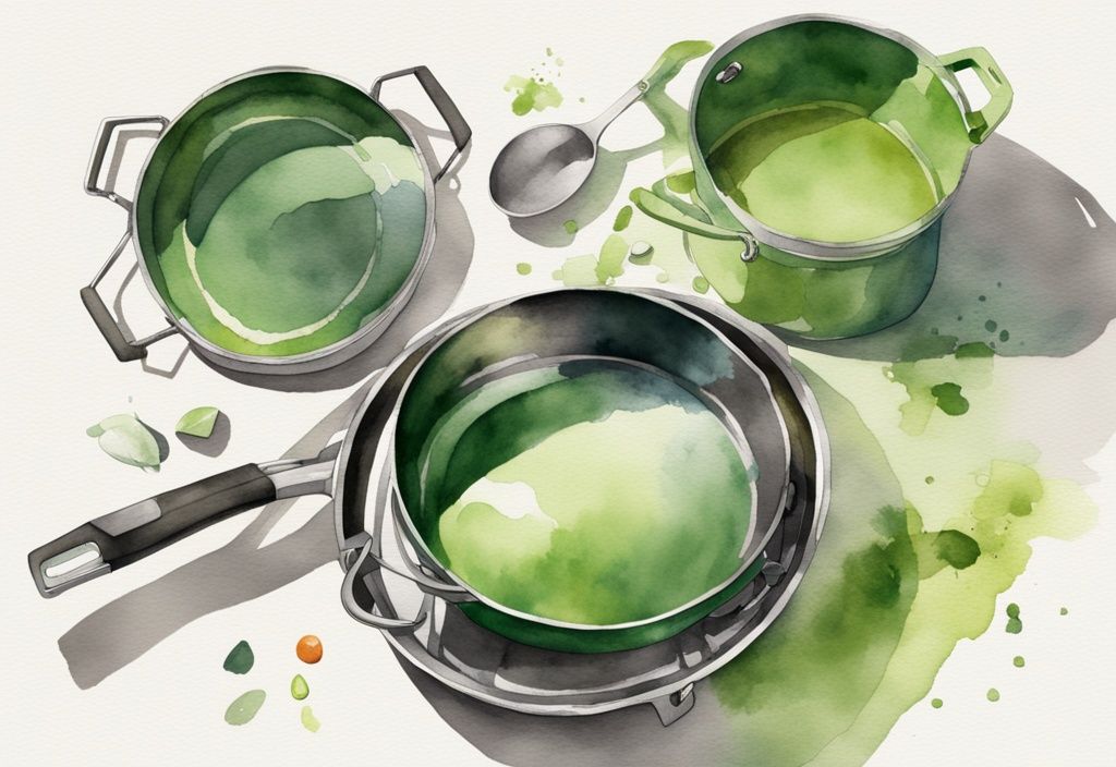 Modern watercolor illustration of a green-themed split image showing a new stainless steel cookware set contrasted with a worn set, highlighting newness versus age.