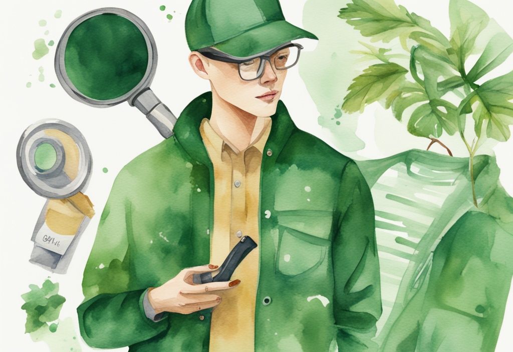 Modern watercolor illustration of a person in stylish PAKA Apparel with a magnifying glass emphasizing clothing review, green color theme.