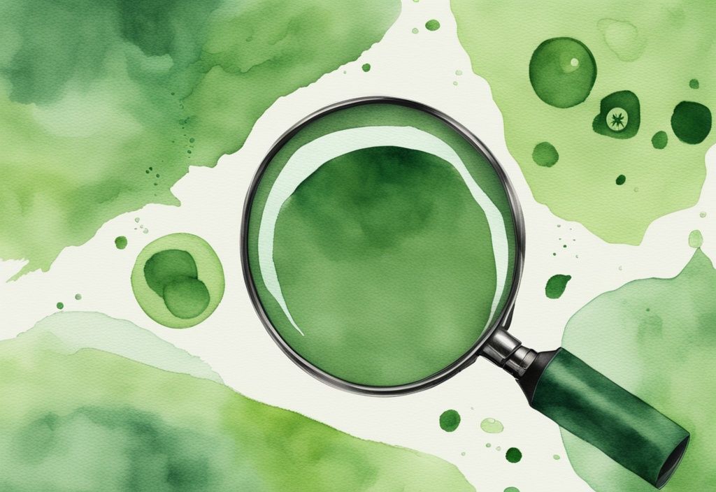 Modern watercolor illustration of green-themed lyocell fabric with magnifying glass on fibers and subtle toxic symbols.