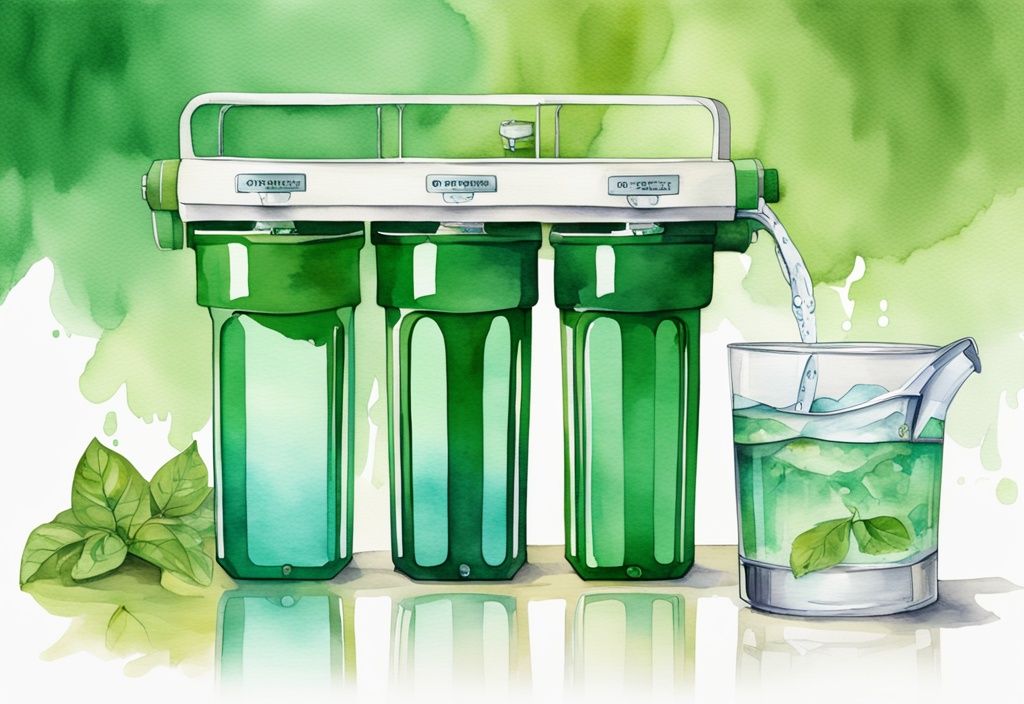 Modern watercolor illustration of a Berkey water filter and reverse osmosis system side by side, with clear water flowing into separate glasses, highlighting the Berkey vs reverse osmosis comparison.