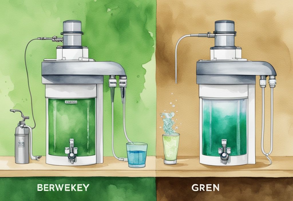 Modern watercolor illustration comparing reverse osmosis vs Berkey water filter, featuring key differences and green color theme.