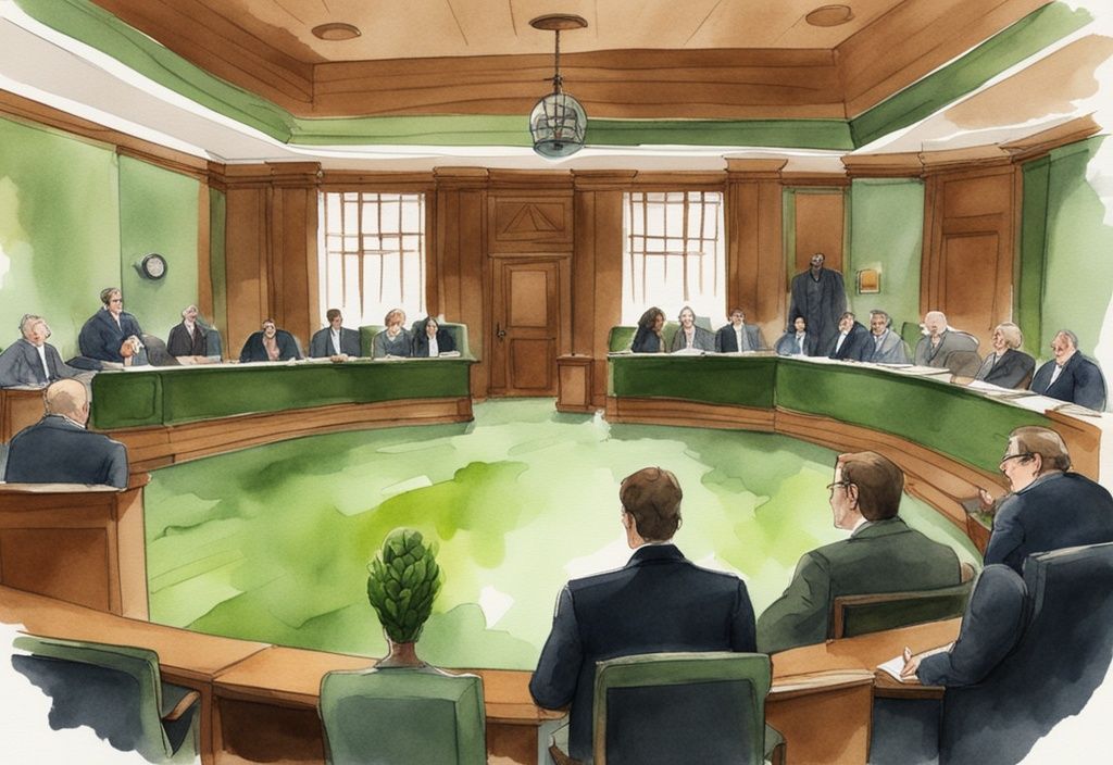 Modern watercolor courtroom scene with green theme, featuring avocado-green mattress and legal professionals in discussion.