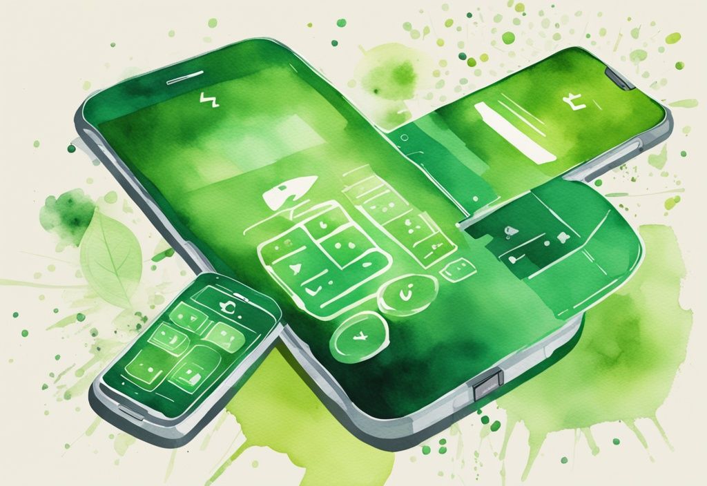 Modern watercolor illustration of green-themed 2024 cell phones with low radiation infographics.