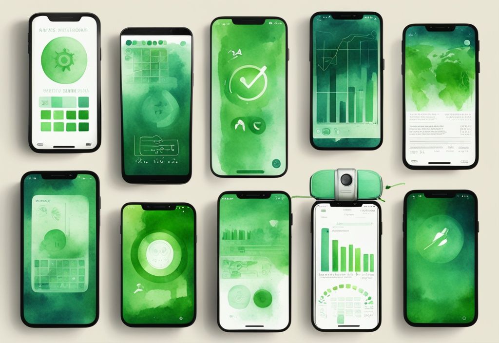 Modern watercolor illustration of green-themed 2024 cell phones with low radiation infographics.