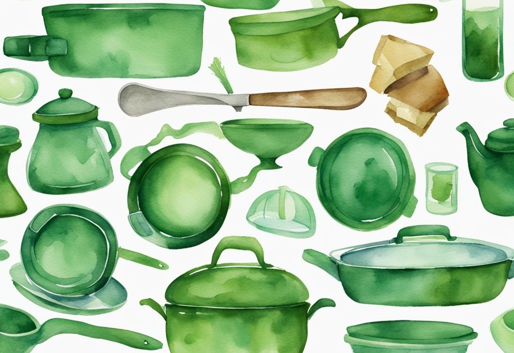 Modern watercolor illustration of green-themed glass cookware, featuring both intact and broken pieces to highlight pros and cons.