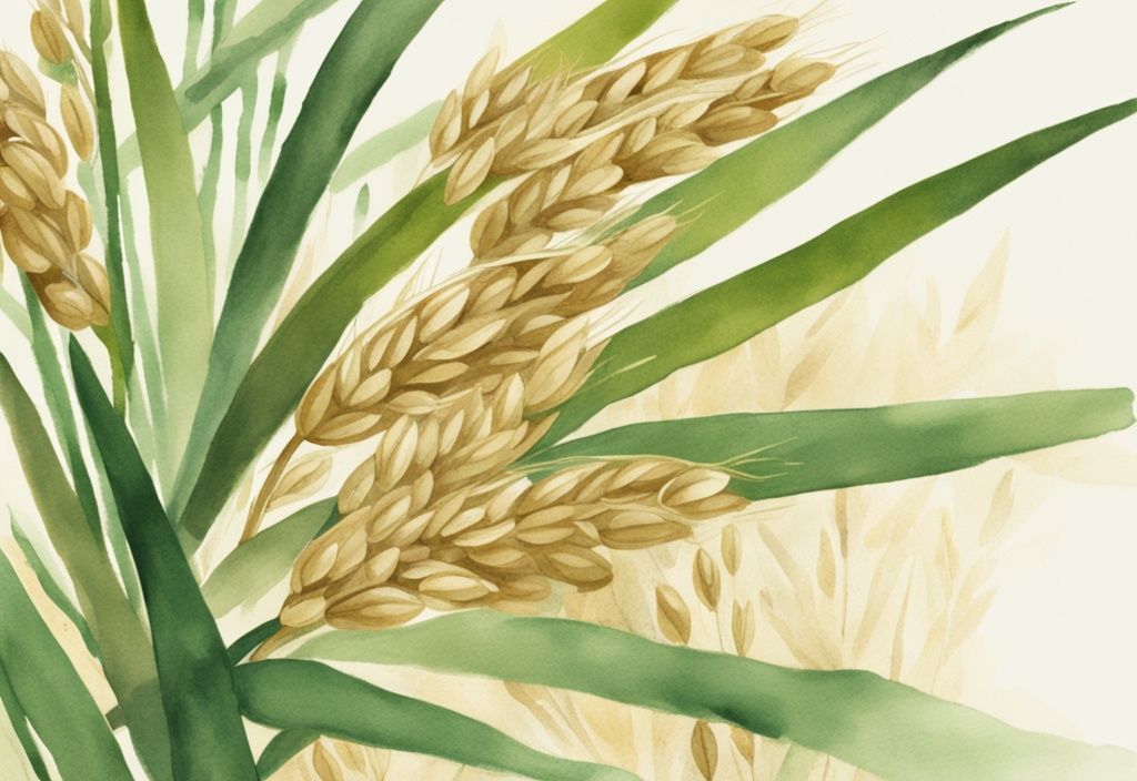 Modern watercolor illustration of golden oats labeled "Glyphosate-free" on a green-themed natural background.