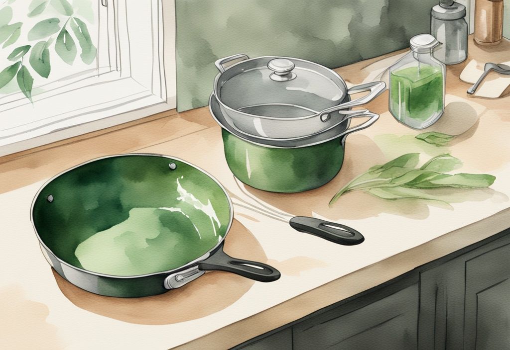 Modern watercolor illustration of Caraway vs Always Pan on a sleek kitchen countertop, featuring a green color theme.