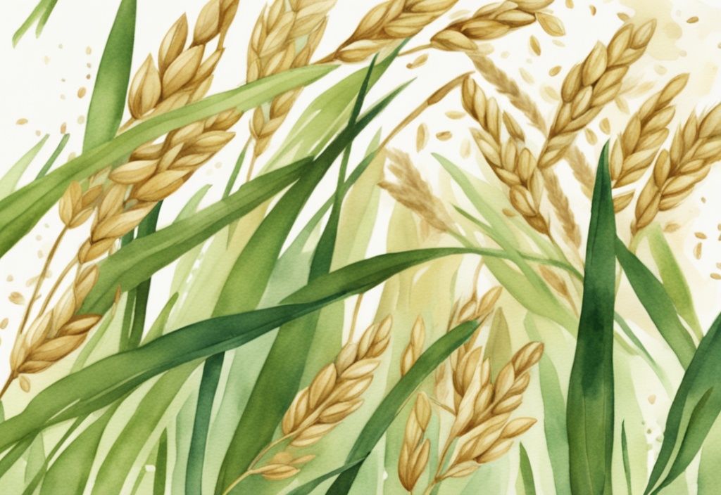 Modern watercolor illustration of golden oats labeled "Glyphosate-free" with green theme and blurred natural background.