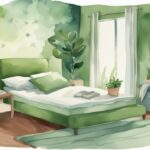 Modern watercolor illustration of a serene bedroom with a Lullaby Earth mattress, a person relaxing, and a laptop showing a five-star Lullaby Earth mattress review.