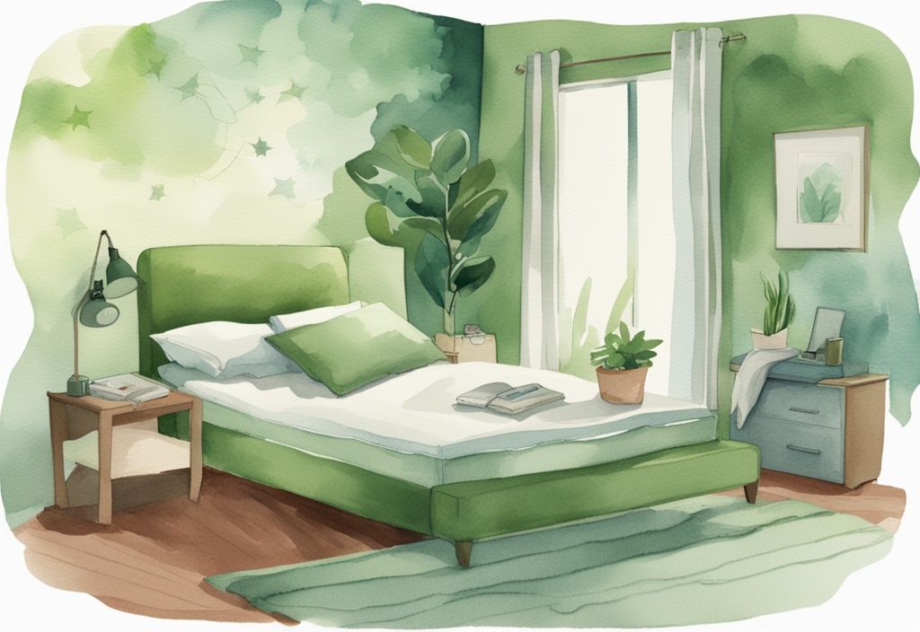 Modern watercolor illustration of a serene bedroom with a Lullaby Earth mattress, a person relaxing, and a laptop showing a five-star Lullaby Earth mattress review.