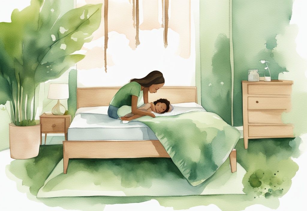 Modern watercolor illustration of a serene bedroom with green tones, highlighting a Lullaby Earth mattress, featuring a parent tucking in a child.