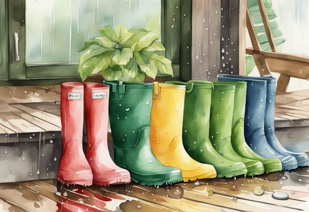 Modern watercolor illustration of colorful non-toxic rain boots on a wooden porch with raindrops, highlighting quality and resistance, green theme.