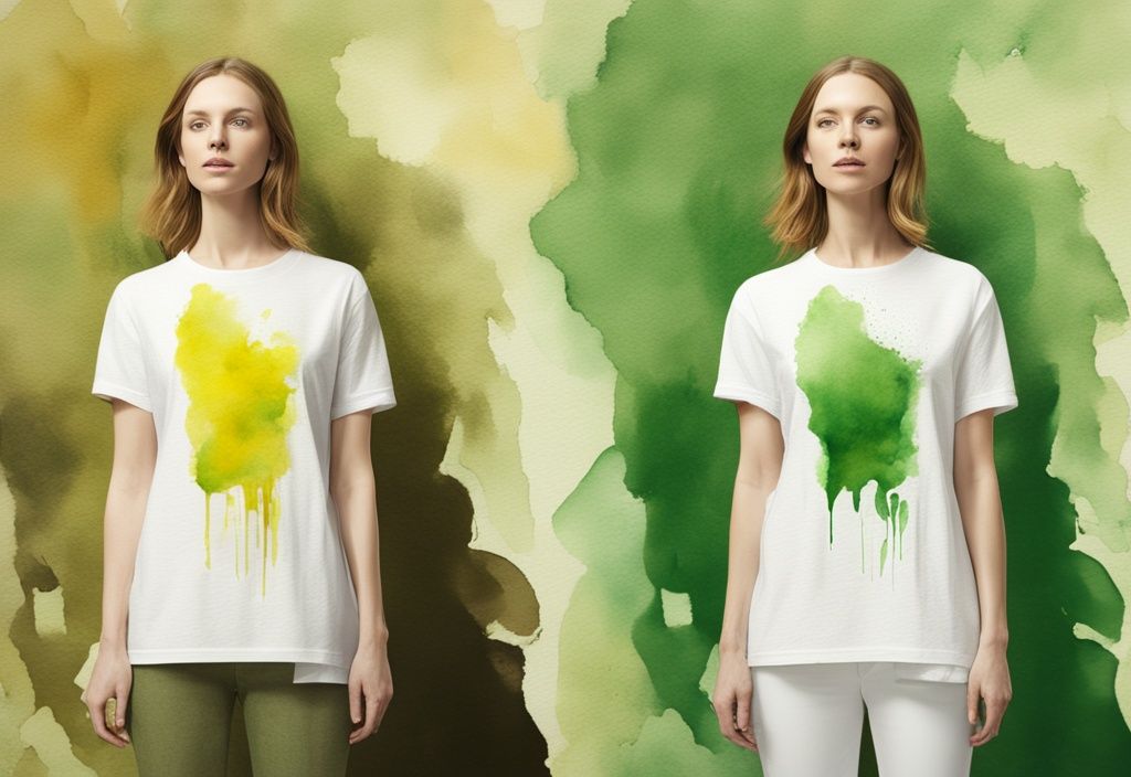 Modern watercolor illustration of split-screen white shirt comparison, one side yellowed, the other freshly bleached, green color theme.