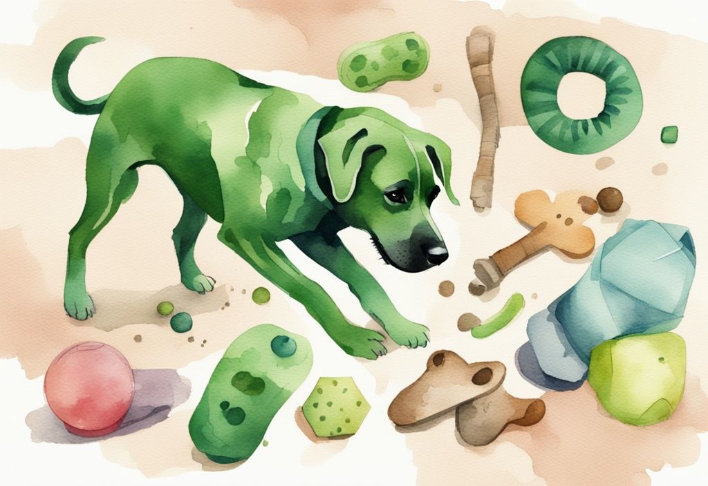 Modern watercolor illustration of a large breed dog chewing on a durable homemade dog toy, surrounded by various green-themed dog toys on the floor.