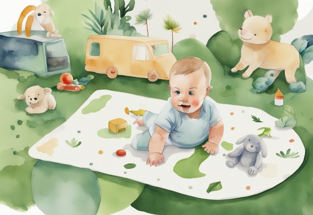 Modern watercolor illustration of a green-themed Lovevery play mat with toys and a happy baby playing.