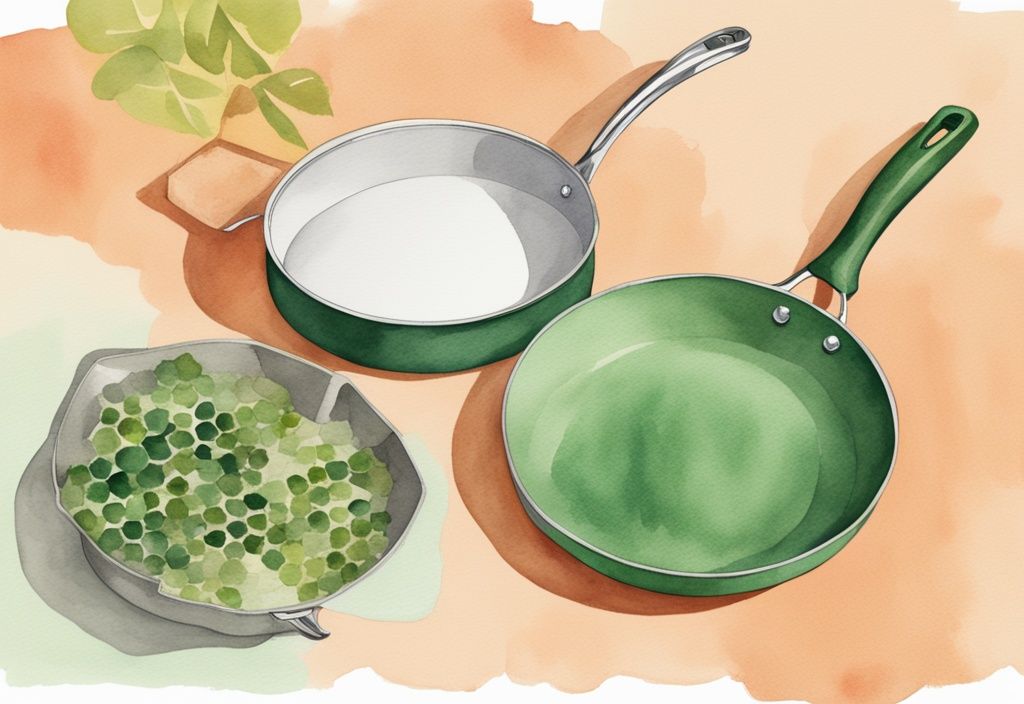 Modern watercolor illustration comparing HexClad vs Caraway cookware, featuring a green-themed side-by-side view of a HexClad frying pan and Caraway cookware set with highlighted features.